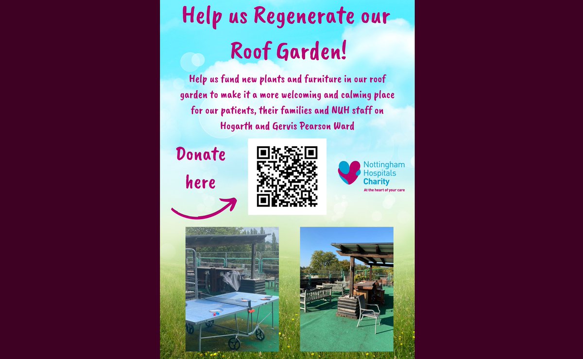 We're delighted to be working with @NUHCharity on a project to regenerate our 🌺 Roof Garden 🌻 which allows our inpatients and their visitors to go outside and enjoy some fresh air... nottinghamhospitalscharity.org.uk/hogarth-ward