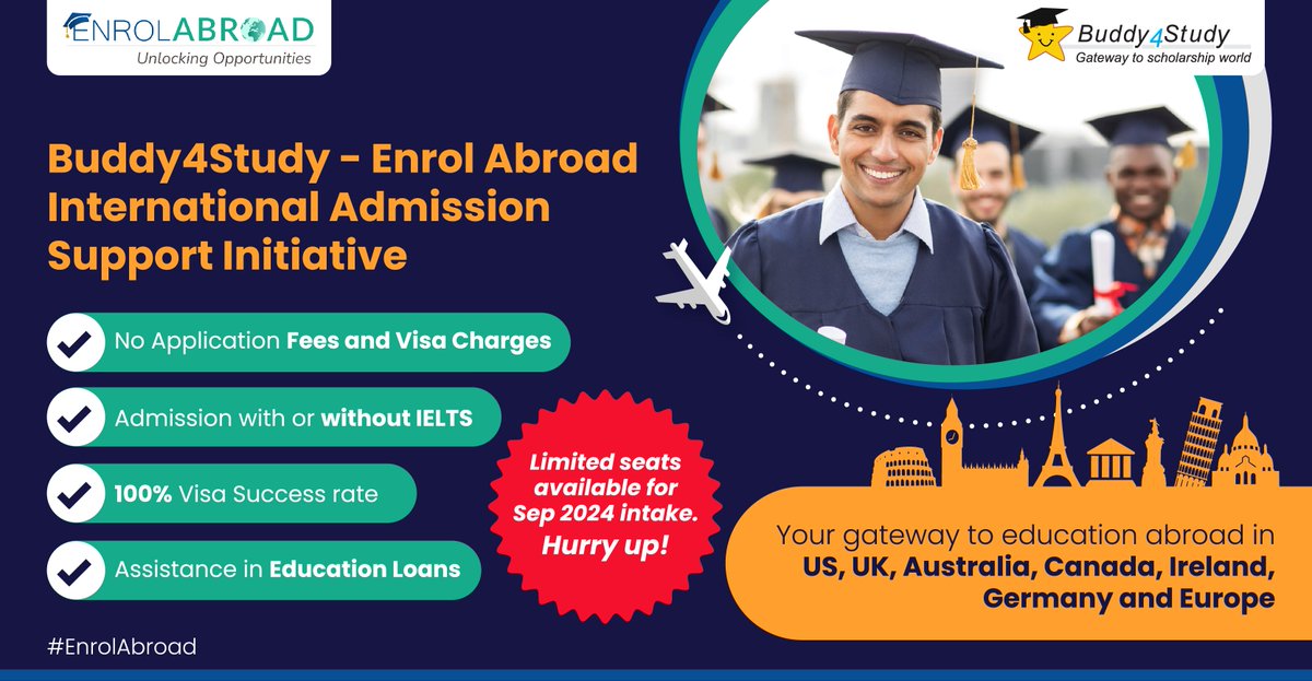 Applications are now open for Buddy4Study - Enrol Abroad International Admission. Academic Counselling and much more! Apply now! Learn more b4s.in/a/enrolabroad 

#studyabroadlife #studyabroad #study