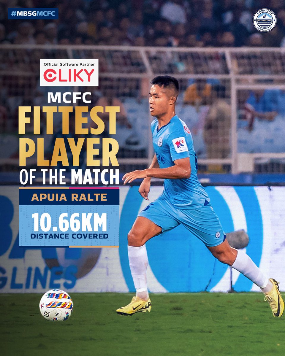 Apuia Ralte was yet again adjudged the @Cliky3924621 MCFC Fittest player of the Match for his stellar work rate in #MBSGMCFC 🫡 #ISL10 #MumbaiCity #AamchiCity 🔵
