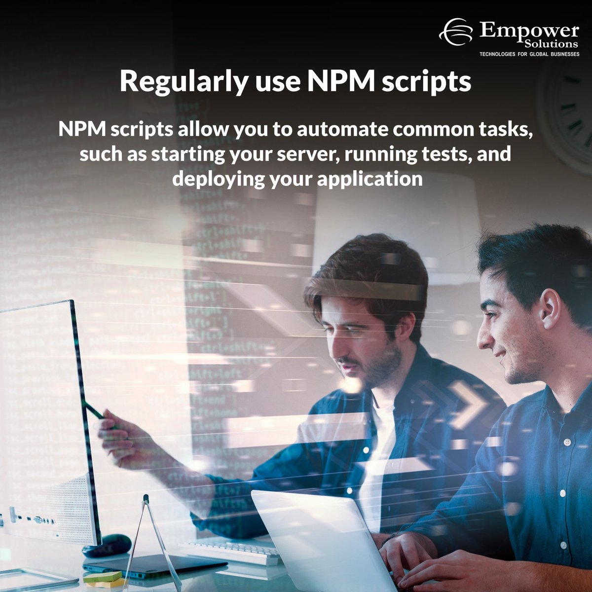 'Unlocking Efficiency: Empower Solutions leverages NPM scripts to automate essential tasks like server management, testing, and deployment, ensuring seamless operations for global businesses. 
#EmpowerSolutions #NPM #Automation #GlobalBusiness #Efficiency #Technology