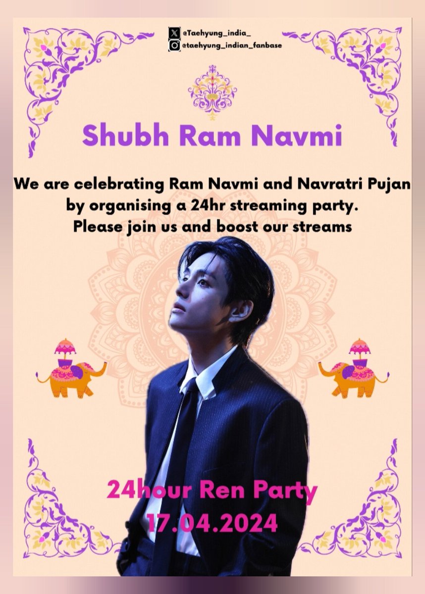 🙏 Welcome Streamers to Celebrate 🇮🇳💜 On occasion of Ram Navami & Navaratri Kanya Pujan we have organised a 24-hr soulful streaming party. Vibe to Taehyung's songs and help achieve our stream goals. Please JOIN Us to boost stream rates for charts✌ ren.fm/XgzEAsrgEFHMdm…