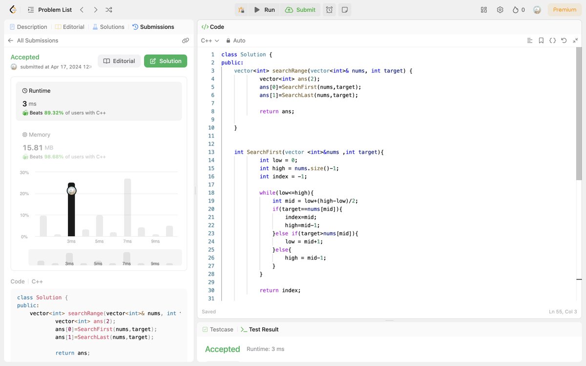 Day 3 of #100DaysOfCode: Tackling LeetCode problem 34 today! Building coding prowess step by step. #LeetCode #CodingChallenge