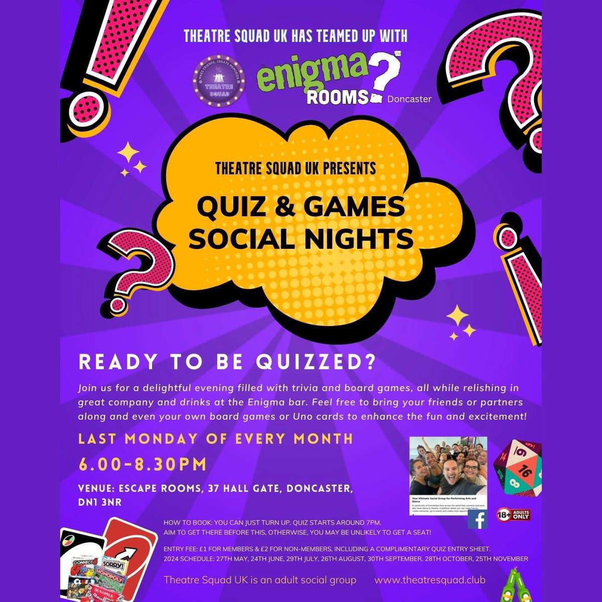 Quiz & Games adult social nights, hosted by Theatre Squad the last Monday of every month. £1 For members £2 for non members #doncasterisgreat #doncaster #quiznight #cityofdoncaster
