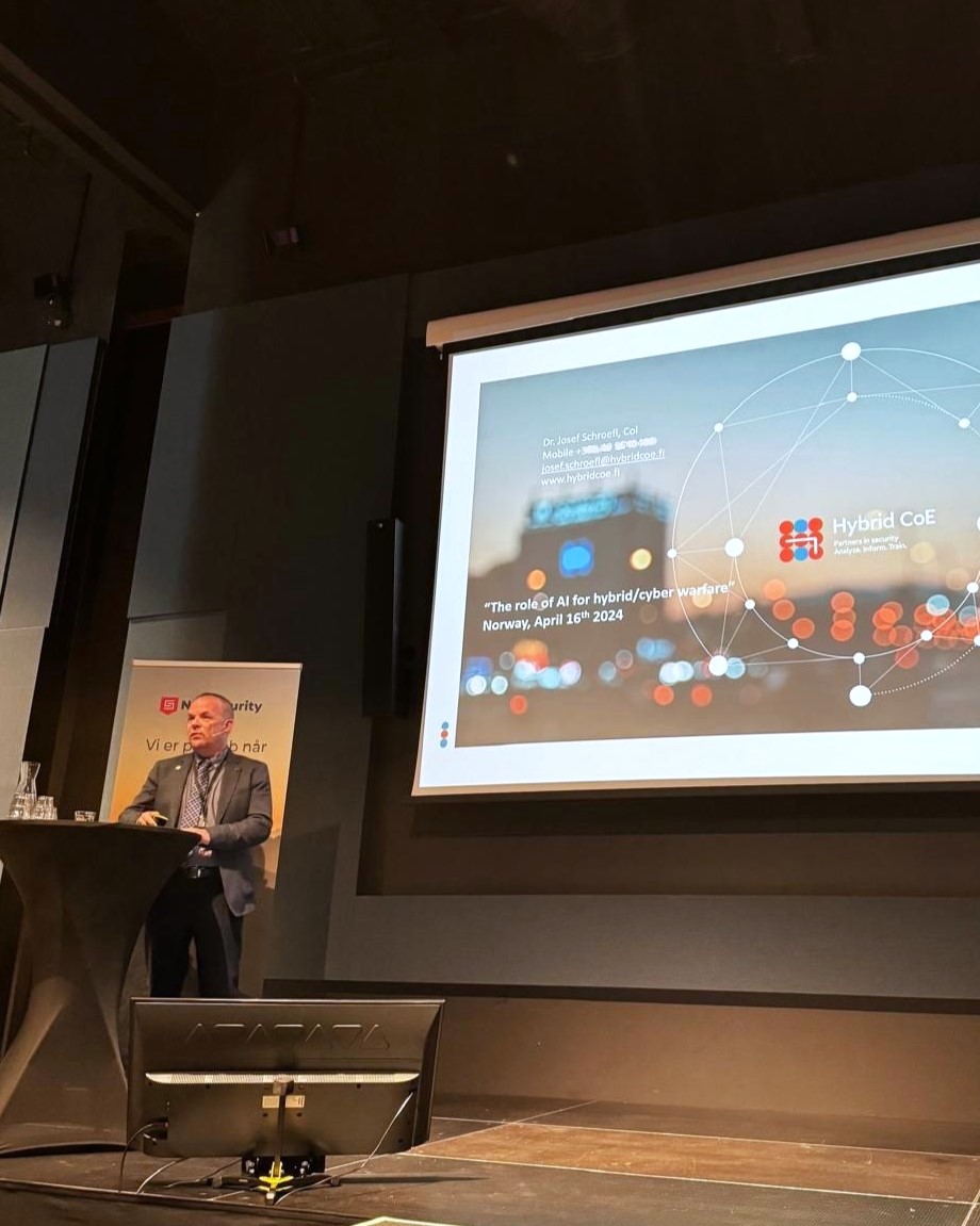 Hybrid CoE’s #cyber expert Josef Schroefl had the pleasure of giving a keynote speech at #Securithon 2024. His main message was that the accelerating progress of new technologies like #AI, and machine and deep learning produce effects in all security and defense domains.