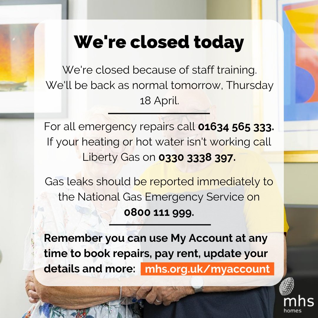We're closed today for staff training. We'll be back open tomorrow on Thursday 18 April. You can still use My Account to manage your home, and you can still report and emergency if you need to. More information: mhs.org.uk/service-update…