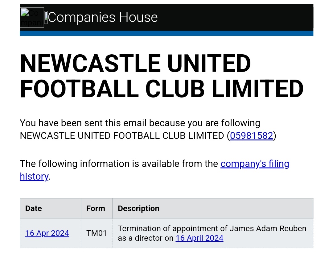 Confirmation of the TERMINATION of Amanda Staveley and Jamie Reuben as Directors at Newcastle United.

Darren Eales has now been APPOINTED as a Director.

#NUFC