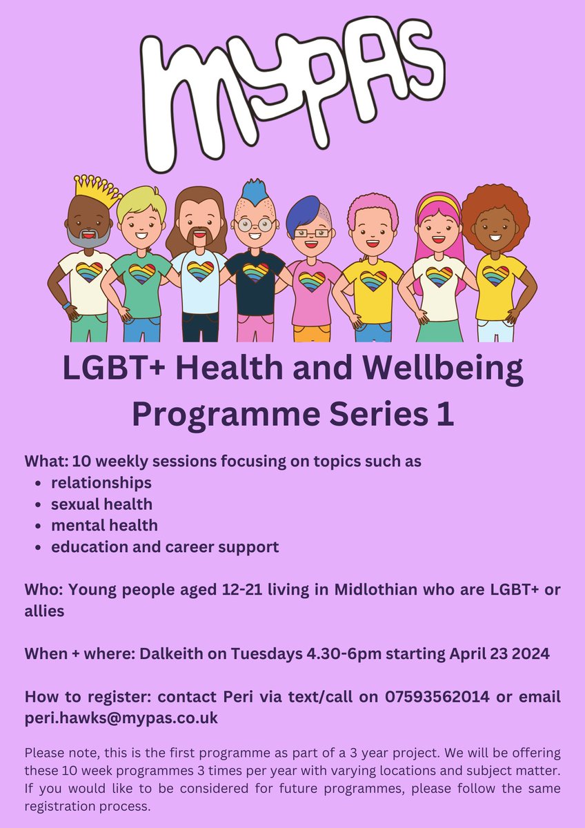 For young people living in Midlothian aged 12-21. MYPAS is delighted to announce a brand new service working with young LGBT+ people in their community. Please pass on to anyone you think would be interested or benefit from taking part. Registration details below.