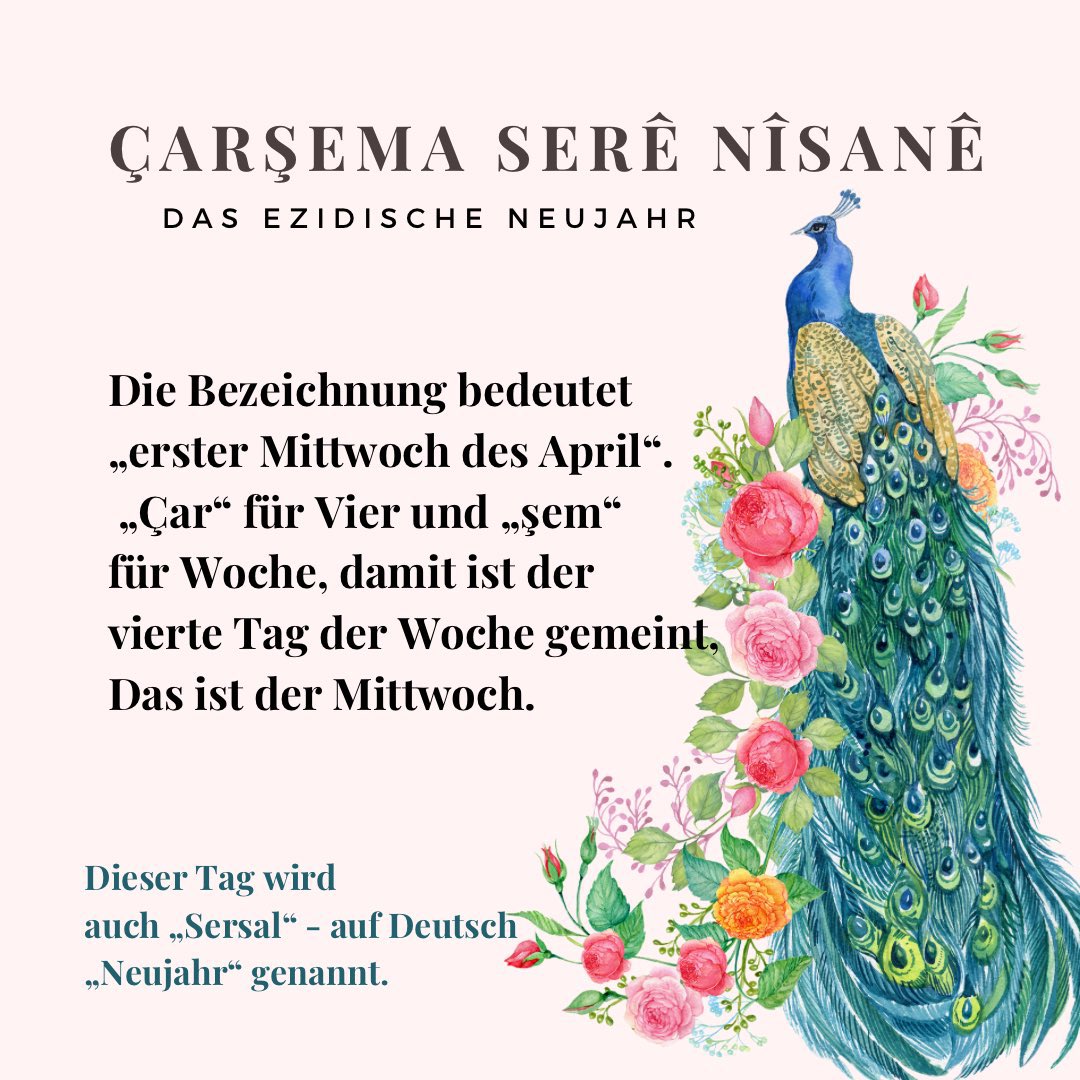 AvNikomedia's tweet photo. Çarşema Serê Nîsanê Pîroz Be! 🦚🌹🎉
Heute feiern ezidische Kurden das Neujahr. 🦚☀️
Happy new year to the Êzîdî!🦚☀️
#SersalaÊzîdî
#ÇarşemaSorPîrozBe #Lalash #Şengal #Shangal #ÇarşemaSor https://t.co/AWSiVwR5JP