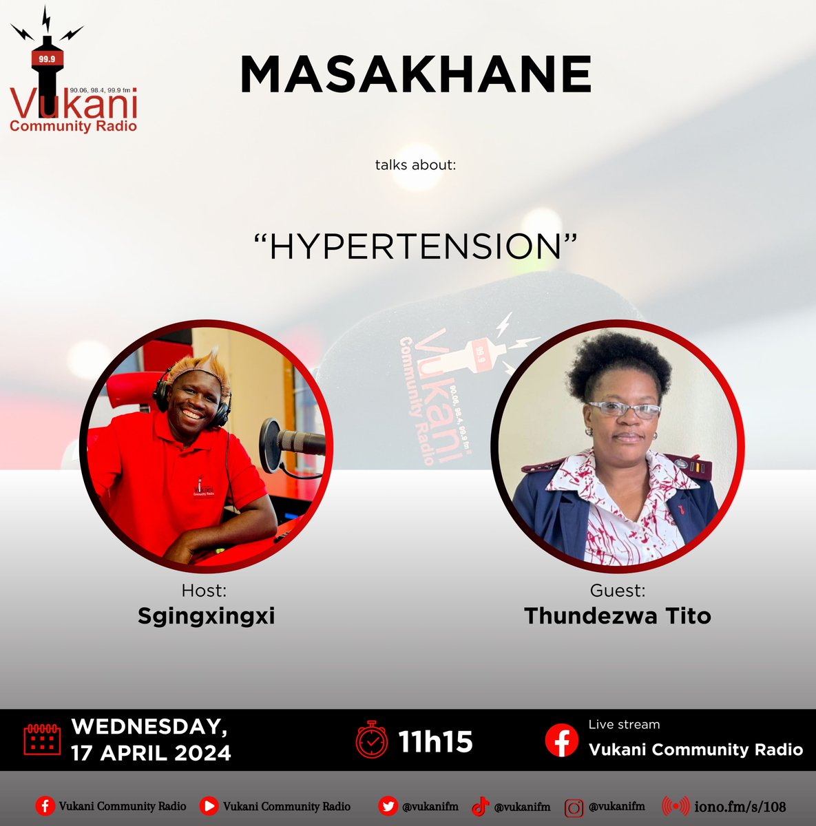 Tune in to learn more about hypertension from one of our health promotion officers, Sister Thundezwa Tito, today at 11h15 on Vukani Community Radio. 🧠❤ #hearthealth #hypertension #HSFSA