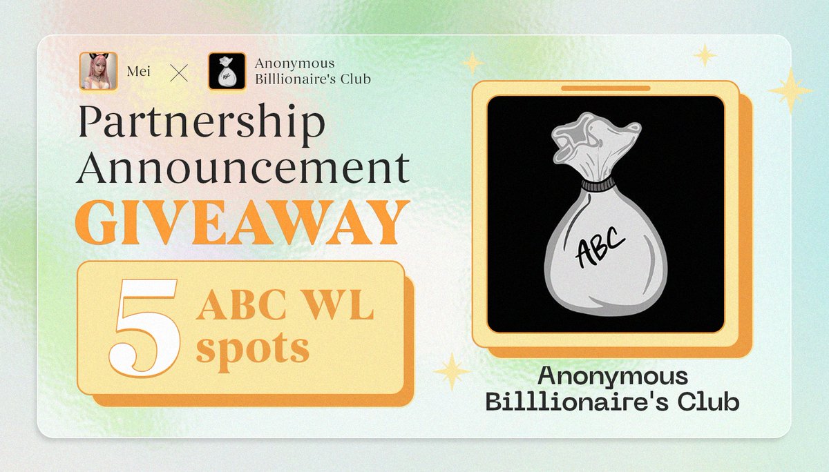 ➍➑ 𝗵𝗼𝘂𝗿𝘀 𝐆𝐈𝐕𝐄𝐀𝐖𝐀𝐘 💴 5 ABC WL spots ➖ For NFT Soon 𝘏𝘰𝘸 𝘵𝘰 𝘌𝘯𝘵𝘦𝘳: 🔘Follow us @Meimeicrypto_ & @RealABC_NFT 🔘❤️& Retweet, tag 3 friends 🚩 End Date: 19 April 𝓢𝓾𝓬𝓬𝓮𝓼𝓼