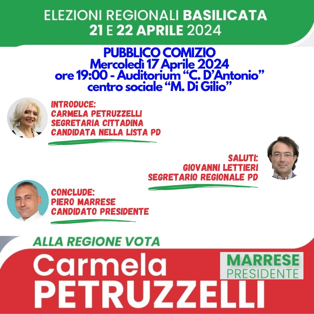 PdBasilicata's tweet photo. Evento del giorno 17/04 ore 19:00
Pubblico Comizio CARMELA PETRUZZELLI
Centro Sociale - Comune di Lavello
#PdBas #siamodallapartegiusta #votapartitodemocratico #unitisivince con #marresepresidente #regionali2024
๐ resta aggiornato ๐
https://t.co/ZeUsThKWYG https://t.co/9sLVjp3mGb