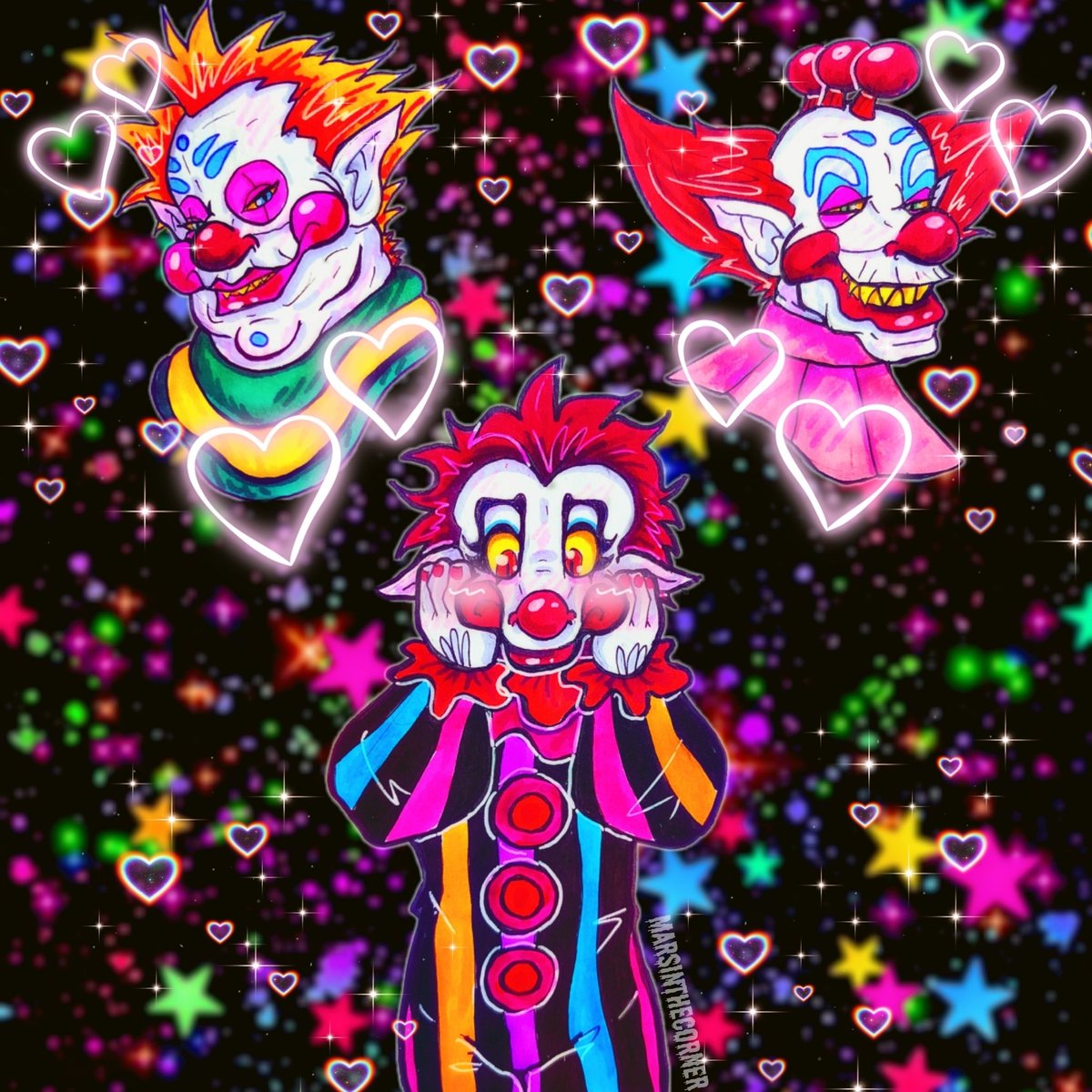 MarsintheCorner's tweet photo. Rudy is having a crisis: having a crush on two Klowns! 

#myart #killerklownsfromouterspace #kkfos #slim #rudy #bibbo #kkfosslim #kkfosrudy #kkfosbibbo https://t.co/w3ci5EeJ99
