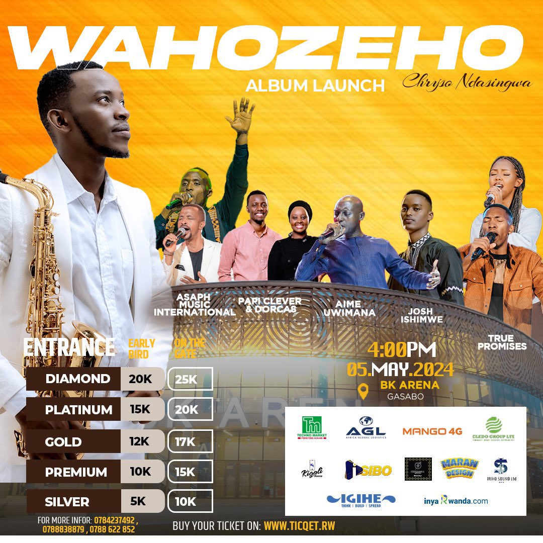 Get ready to elevate your spirit at the #WahozehoAlbumLaunch by @Chrysondasingw2! Experience soul-stirring melodies and powerful worship moments on May 5, 2024, at @bkarenarw. Don't miss out – grab your tickets now at ticqet.rw