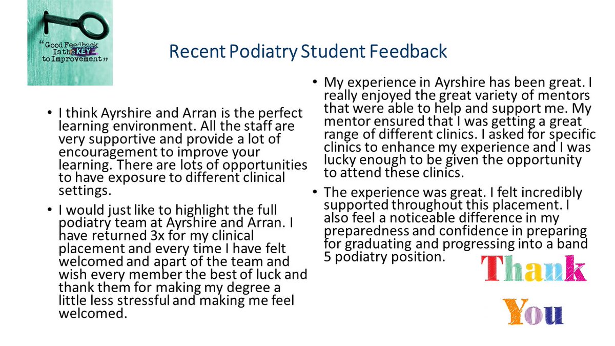 Our #PODIATRY teams providing an excellent practice based learning experience according to our @GCUPodiatry 4th year students. Well done to all in supporting our #FUTUREWORKFORCE @jodiahpaa @AJBrown1207 @3uan @Kerryahpaa @Alistair_ahp @gibbieahplcr @NHSaaa @sahscp @eahscp