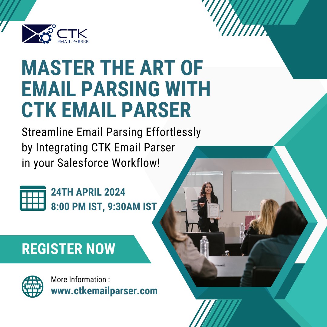 Time is precious, especially when you're sifting through a cluttered inbox. ⏰ Our webinar on CTK Email Parser will help you reclaim your productivity by streamlining your Salesforce inbox. Secure your spot now! 👉 lnkd.in/gRwnfP-K #Productivity #Webinar #Salesforce