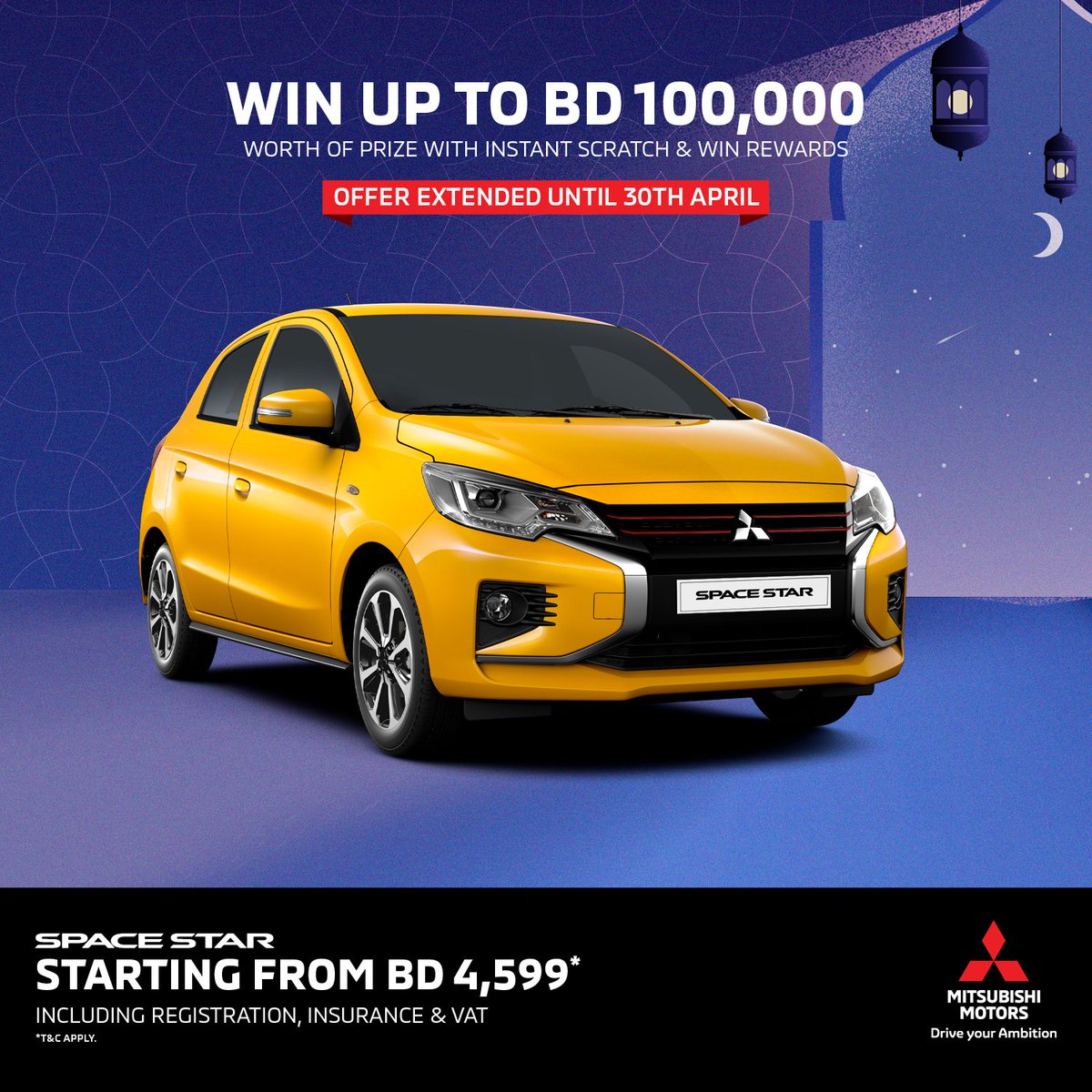 Explore thrilling performance with Mitsubishi's offers. Stand a chance to win prizes worth up to BD 100,000 with an instant scratch card.
*Terms & Conditions Apply.

#Rewards #ZayaniMotors #MitsubishiMotors #Bahrain #البحرين