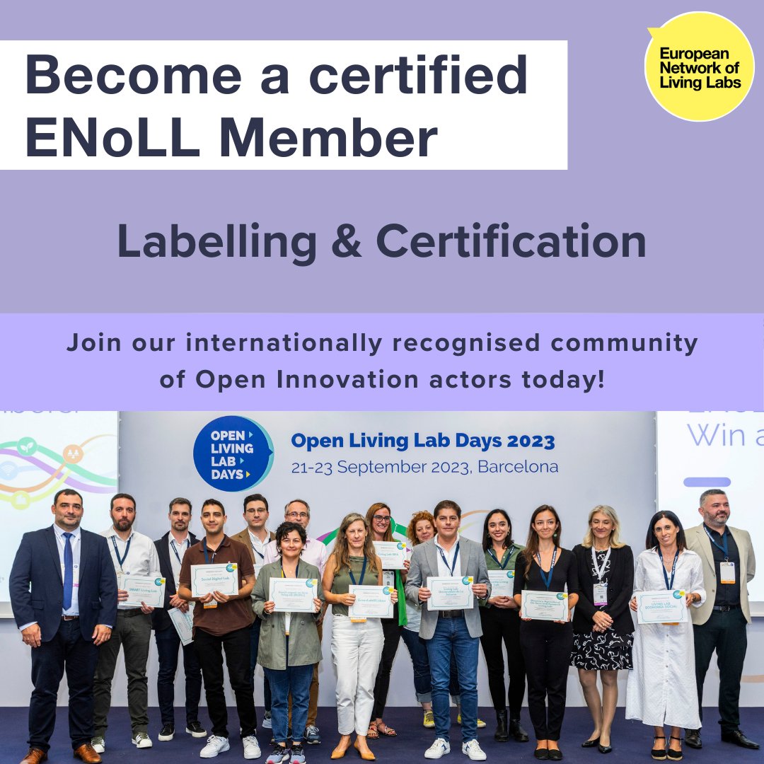 openlivinglabs's tweet photo. 📣New day, new Living Lab joining our growing community!
Would you like to be part of our international network of #LivingLabs? Apply today: #ENoLL Labelling & Certification is open all the yearlong!💡
👉 Read more here: https://t.co/d52QL1WEyr
#Membership #OpenInnovation https://t.co/roKybyFiD4