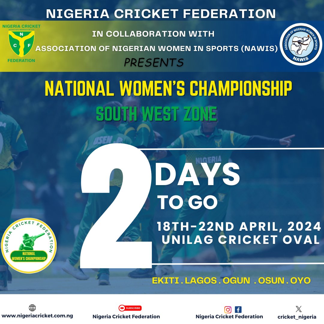 cricket_nigeria's tweet photo. Don't miss out on the action as the NCF National Women's Championship South West Zonal Elimination draws near. 

Only 2 days to go!!! 

#NigeriaCricketFederation 
#WomenCricket #womeninsport 
#femaleyellowgreens 
#CricketTwitter https://t.co/M4Yug9CrPE