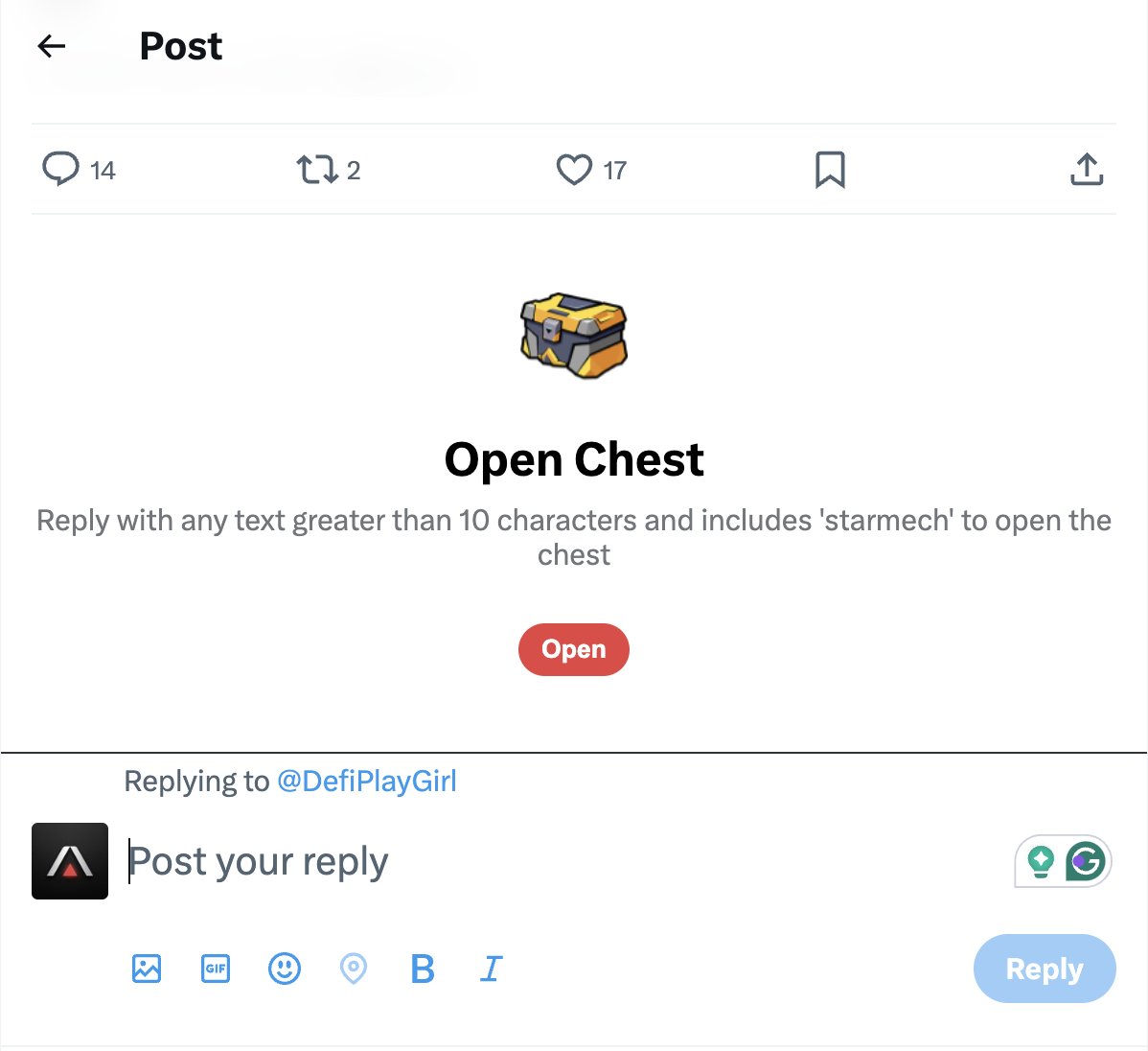 After clicking on the chest, make a thread to that post 'Reply with any text greater than 10 characters and includes 'starmech' to open the chest' ⚡️ Then you can 'open' the chest with $MECH rewards!