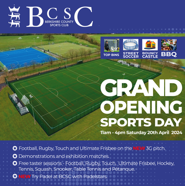 We are pleased to support one of our local partners by promoting their Grand Opening Sports Day at Berkshire County Sports Club. The event is this Saturday 20th April from 11am - 4pm. The event is free, and there will be a range of sports and activities for everyone to try.