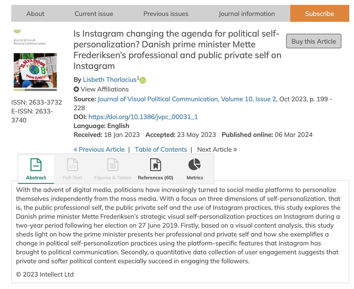 'Is #Instagram changing the agenda for political self-personalization? #Danish prime minister Mette Frederiksen’s professional and public private self on Instagram,' in #JVPC Vol.10, issue 2 by Lisbeth Thorlacius. doi.org/10.1386/jvpc_0…