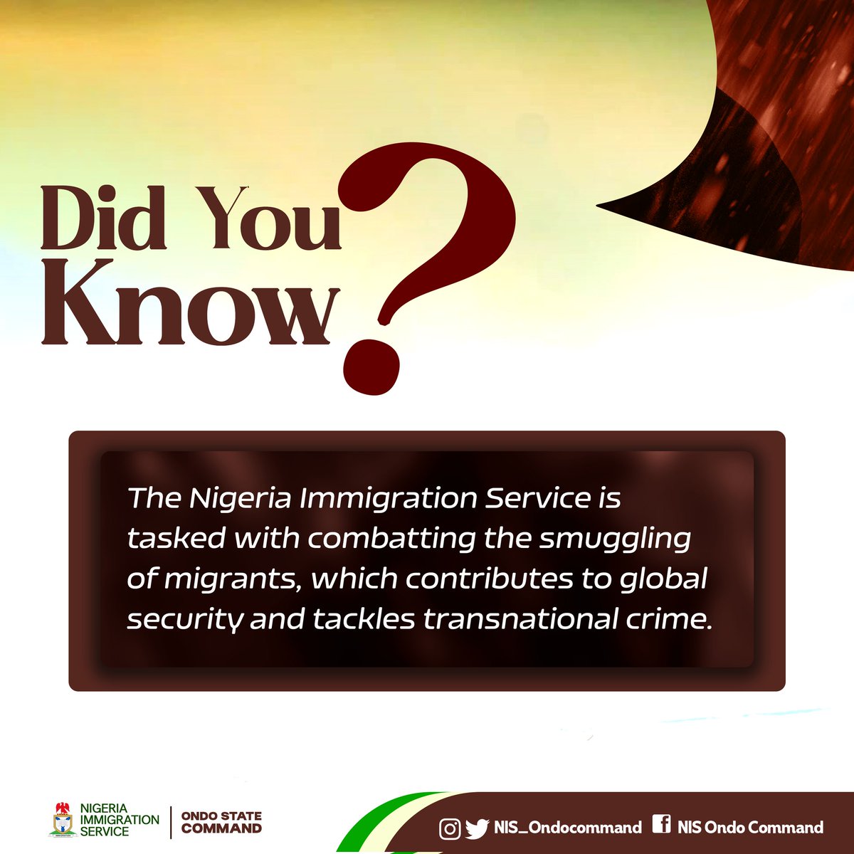 Did you know?

#NISdeyforyou #NISondocommand
#Immigration #KnowledgeIsPower 
#ondostate #Akure  #Nigeria