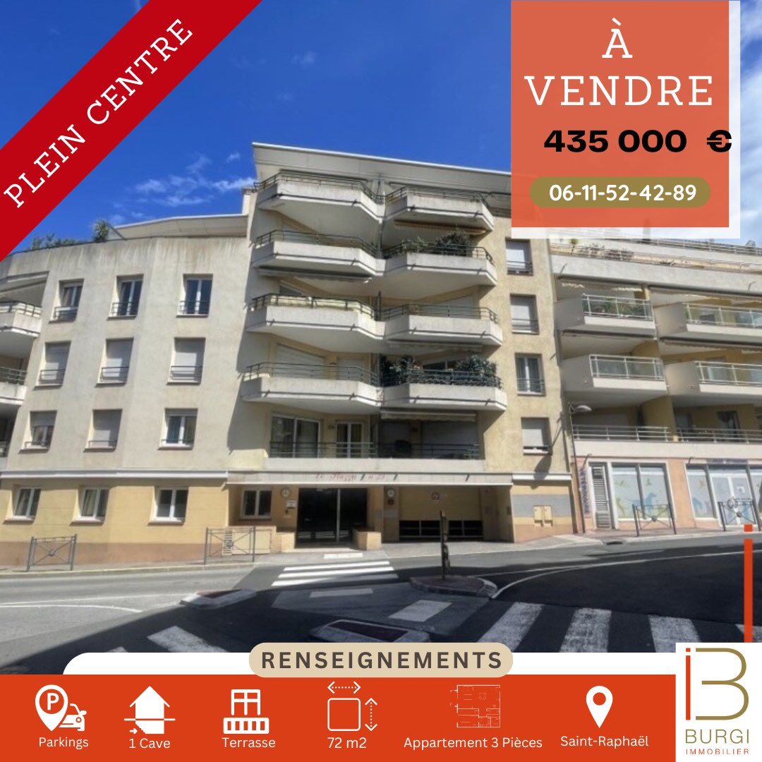 SAINT RAPHAEL CENTRE 

➡️ Apt contemporain 3P offrant 72m² Loi Carrez

➡️ Terrasse avec vue dégagée

➡️ Parking et cave en sous -sol

➡️ Parfaitement au calme
.
.
.
#burgiimmobilier #mandatexclusif 3,90% #realestate #saintraphael
#avisdevaleur #estimation #immobilierdeprestige