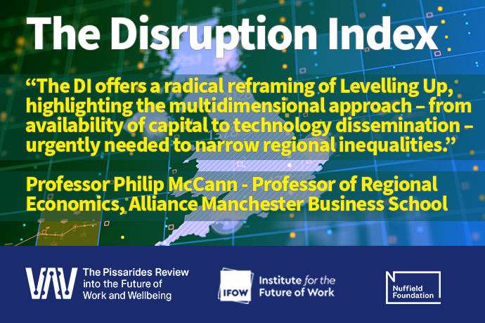 Central to this is the Disruption Index, published as part of our Pissarides Review into the #FutureOfWork and #Wellbeing funded by @NuffieldFound. It provides the first panoramic view of the scale and trajectories of technological transformation: ifow.org/publications/b…