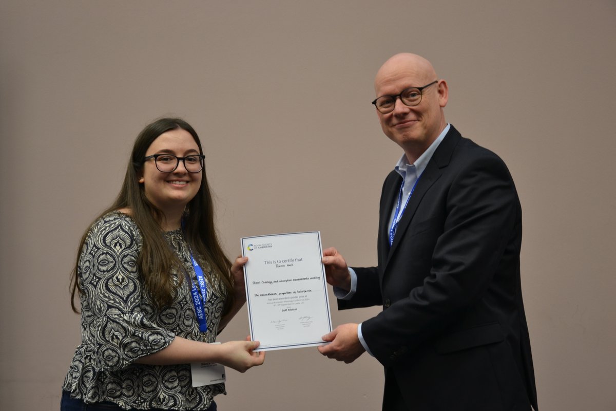 Congratulations to Bianca Hazt from the University of Leeds on winning an AERC poster prize for presenting 'Shear rheology and adsorption measurements unveiling the mucoadhesive properties of lactoferrin.'  🏆👏👏👏

@haztbianca