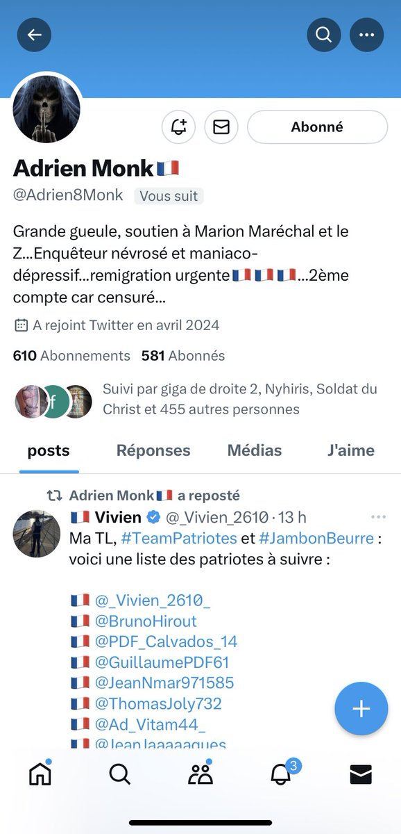 Merci de bien vouloir donner un peu de visibilité à notre @Adrien8Monk un patriote que j apprécie énormément et qui devrait être connu pour son combat contre les collabos islamos-gauchos … un Vrai français et fier de l'être … vive la France 🇨🇵 Merci pour lui 🥰😘