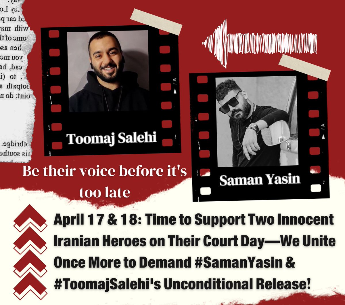 Art is not a crime, and an artist is not a criminal! On April 17 and 18, #SamanYasin and #ToomajSalehi face their court dates, prosecuted simply for defying the oppression of #IRGCterrorists. We stand with them and demand their unconditional release!
