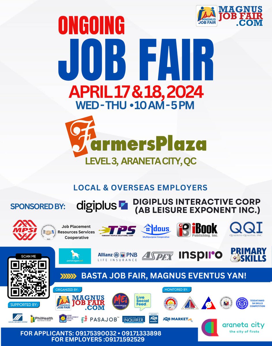 Here's one way to land your dream job! 💼👓 Aspiring applicants are welcome at the Magnus Job Fair starting TODAY until tomorrow (April 18) from 10AM - 5PM at the Farmers Plaza Activity Area! ✨ See you all here and good luck! #CityOfFirsts #AranetaCity