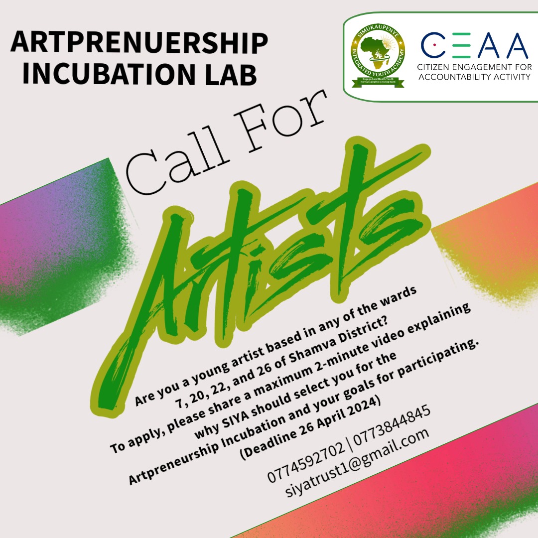 #OpportunityForAll 

Are you a young artist based in any of the wards 7, 20, 22, and 26 of Shamva District? If yes, SIYA is looking for you to join the Artpreneurship Incubation Lab. 

#SIYA2024 #WeIncubate #talentidentification @CEAAZim