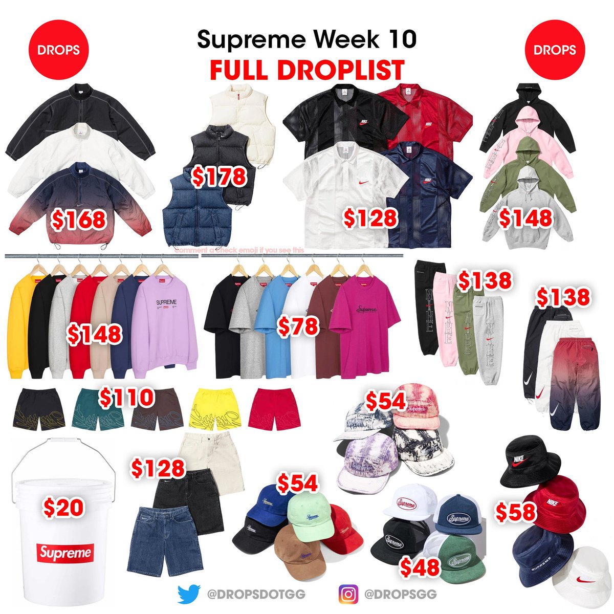 Supreme week10 定価一覧💵💴

Nike Ripstop Pullover　¥27,500
Nike Denim Puffer Vest　¥28,600
Nike Hooded Sweatshirt　¥25,300
Established Crewneck 　¥28,600
Leaktite 5-Gallon Bucket　¥3,960
Nike Dazzle Crusher　¥7,700

他