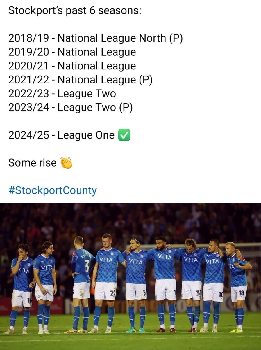 Can we just appreciate Stockport rise from the national league North to league 1. Sod the American franchise Wrexham….. this is the true fairytale 🤘