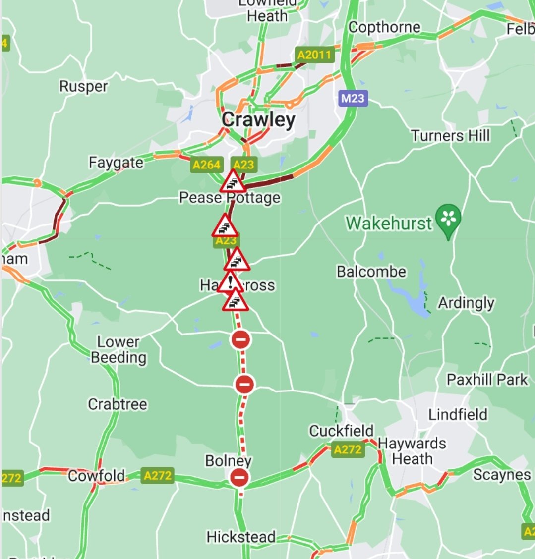 Travel news: Partially blocked and heavy traffic due to crash and vehicle fire on A23 Southbound at #Handcross Turn-off. Congestion to #PeasePottage.