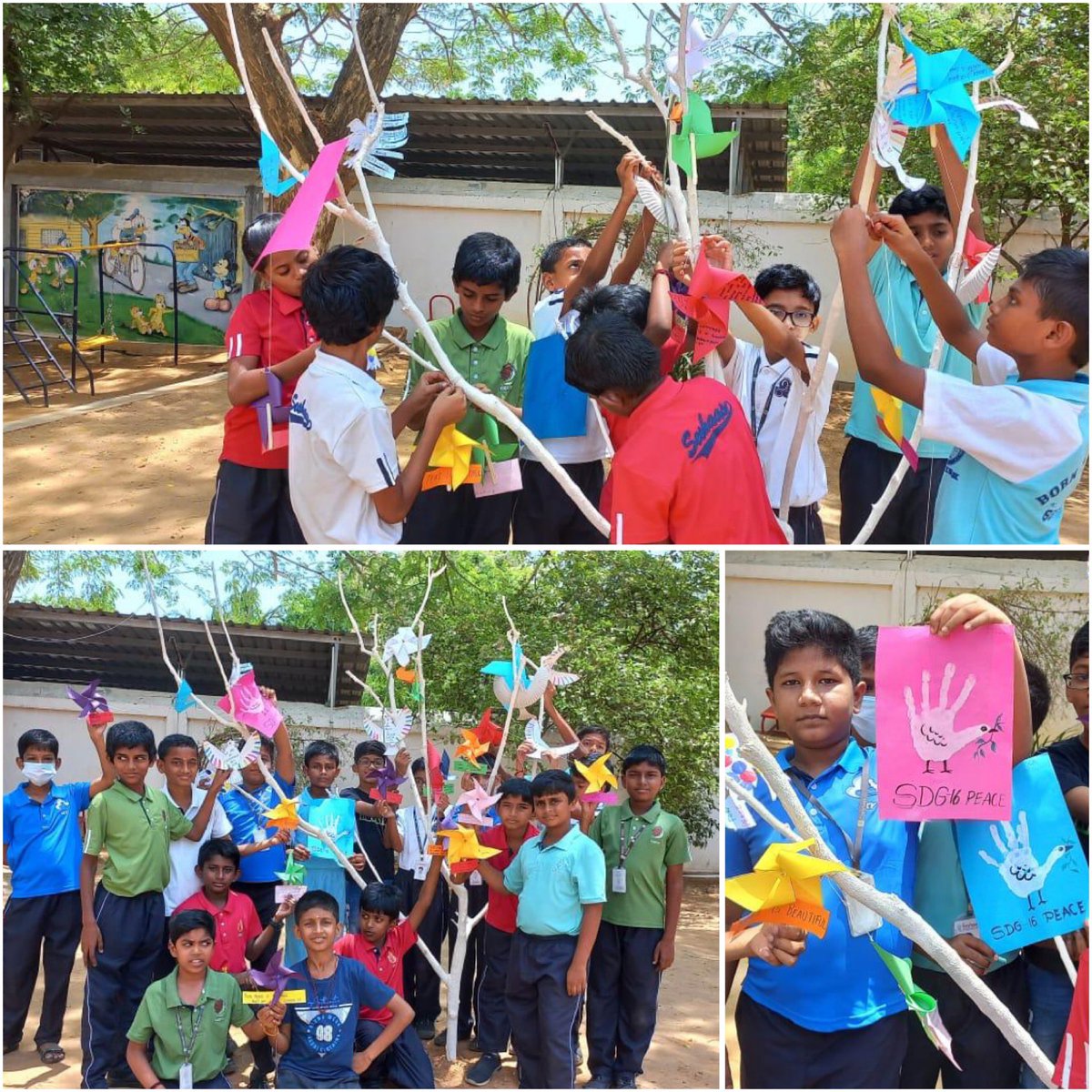 Joining hands to #RiseUp4Peace, young stars from India’s Sri Seshaas International Public School, Salem🇮🇳 put up a “Tree of Peace” adorned with messages on #SDG16, championing lawfulness & integrity with @UNODC! An inspiring example of peer-to peer creativity & collaboration.