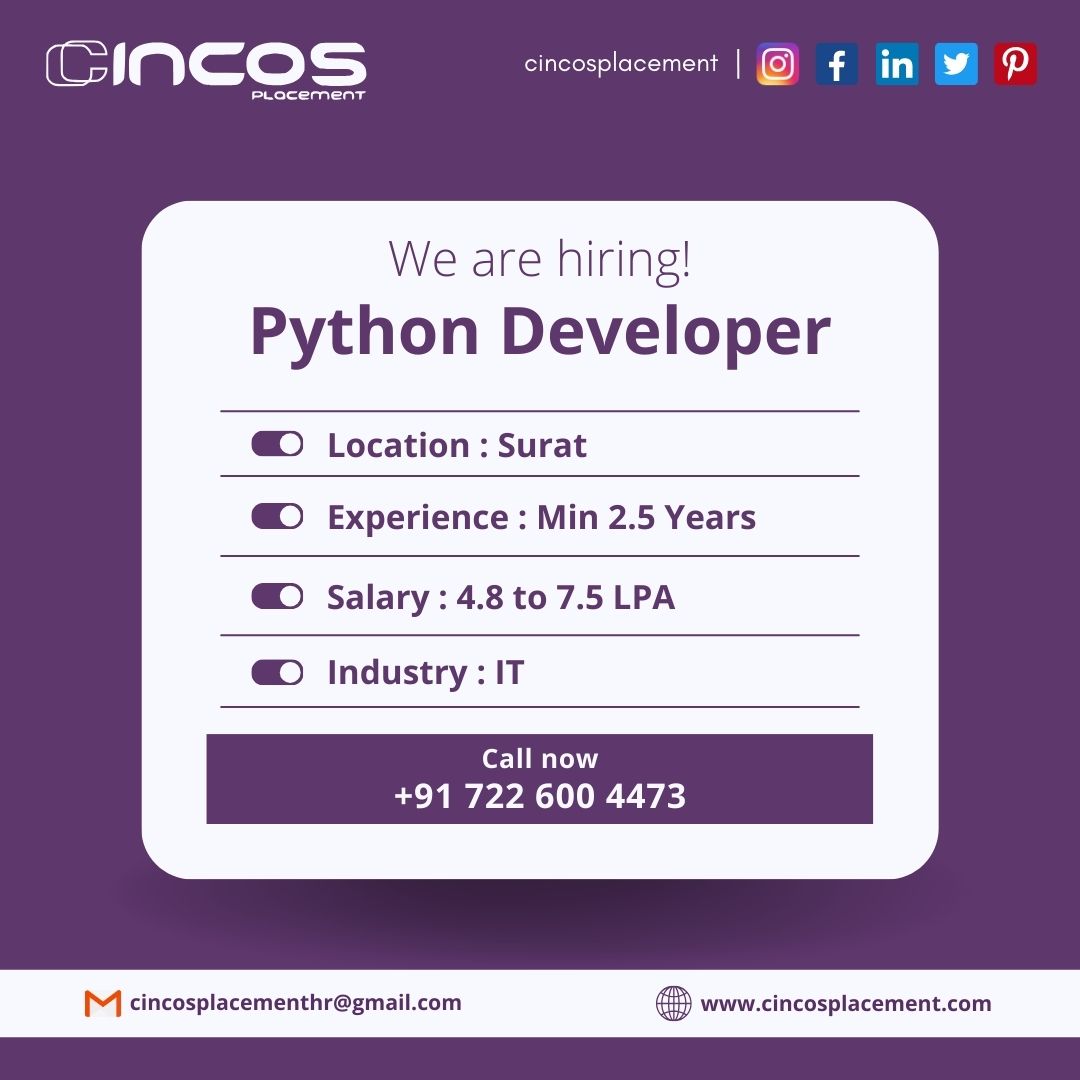 Exciting opportunity for a Python Developer with Top IT Job Consultant in Surat. Join our dynamic team! 

Contact Us
Phone: +91 72260 04473 

#PythonDeveloper #SuratJobs #CodeCrafting #JobAdvice #TopITJobPlacementConsultancyInSurat #ITJobRecruitmentConsultancyInSurat