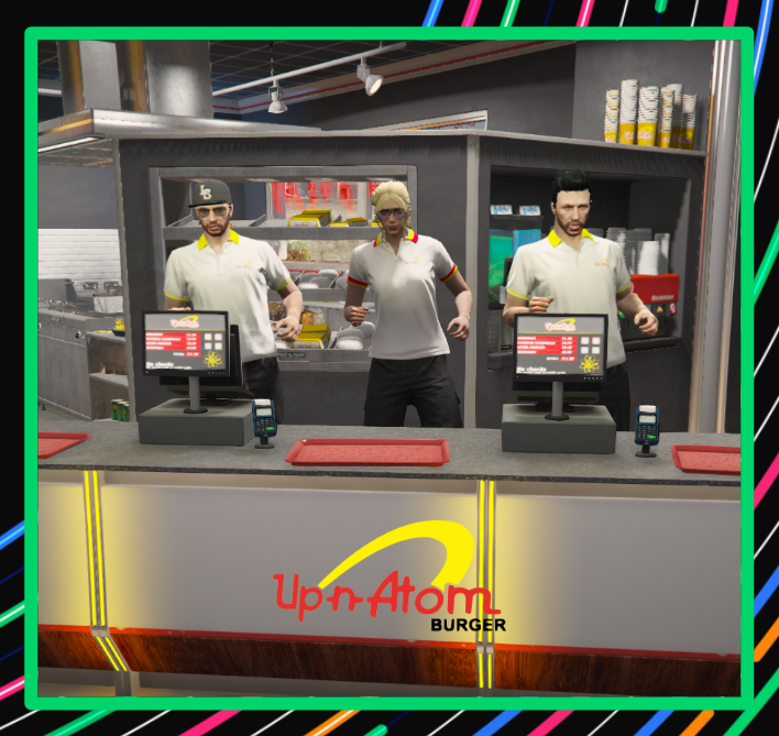 OfficialYumeRP's tweet photo. 🍔💫Up 'n' Atom💫🍔Are looking for new team members to keep the citizens of Yume satisfied! - Join the team or apply to the Mayor to run a business in the city yourself! ⭐️#GTA5 #GTA5rp #UpnAtom #PlayerOwnedBusiness #Burgers https://t.co/W4nJpXkTPa