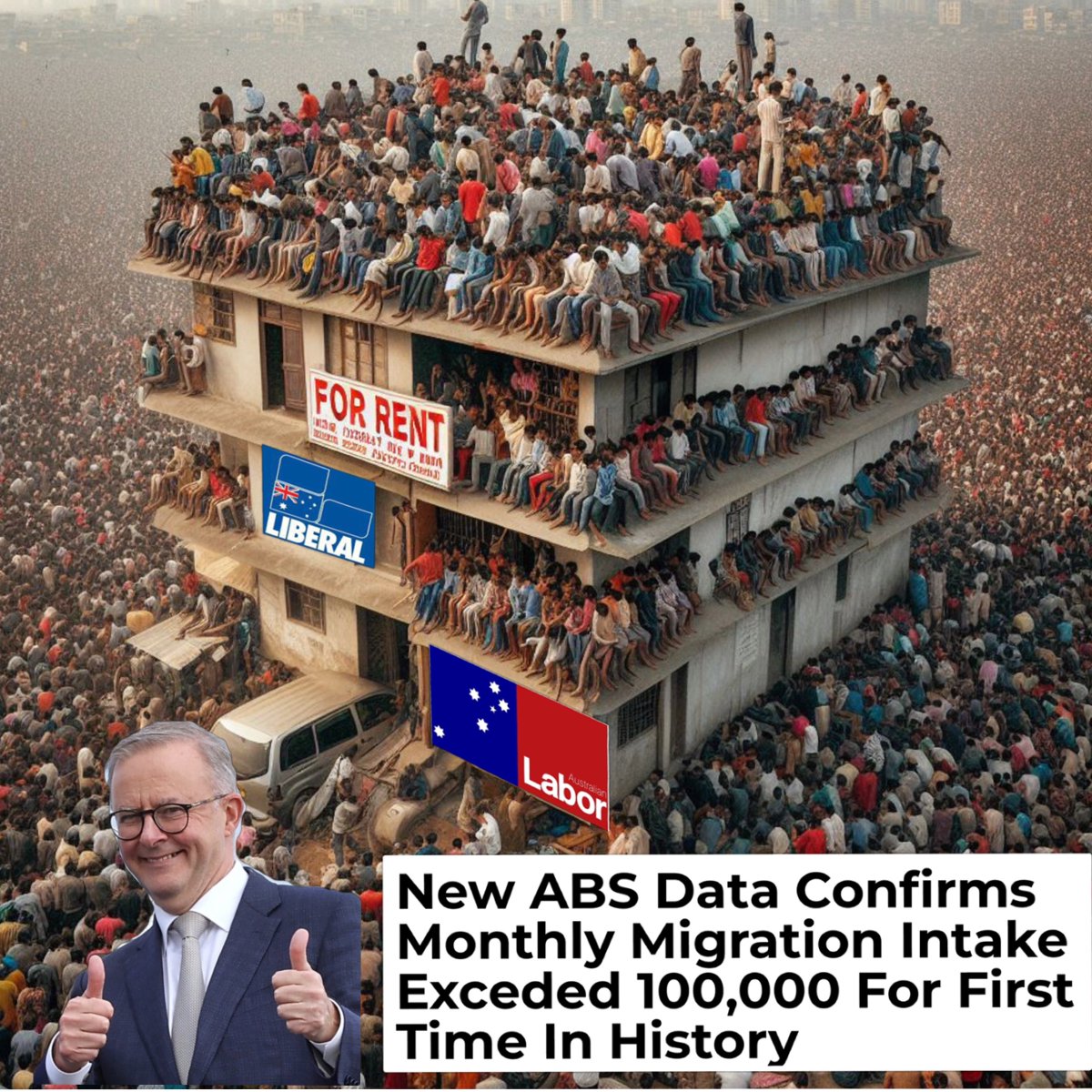 craigkellyAFEE's tweet photo. NEW ABS DATA : Monthly Migration intake exceeds 100,000 for the first time in Australian history. 

Albanese & Labor are destroying Australia. 

🔴From the end of WW2 to the Sydney Olympics, the annual average net increase of new migrants was 80,000 a year. 

🔴In the first year of the Albanese regime, Net migration was over 500,000 - and Labor promised this turbo migration was just "temporary".

🔴However data just released by the ABS shows  that Net permanent and long-term arrivals in February 2024 were at a record monthly high of 105,460.

🔴This is the first time in Australian history that net monthly permanent and long-term arrivals have exceeded 100,000.

🔴It is 19% higher than the previous record of 88,810 in February 2023.

🔴And this in the middle of a housing crisis with Australian families living under bridges,  in tents and in their cars. 

🔴And while Feb 2024 had 105,460 Net migration  Housing construction approvals in February 2024 were just 12,520

🔴This is greatest betrayal of renters in Australia’s history. 

🔴Albanese needs the turbo migration numbers to mask the fact that the economy is collapsing and GDP per capita is going backwards.