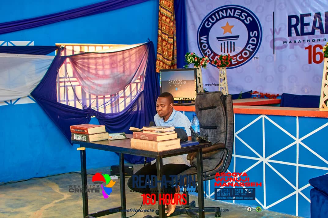 Adeyemi40375522's tweet photo. 160 hours Marathon Reading by an individual 
@WeAfricaCr4506 
@NigeriaGov 
@GovAgbuKefas 
@GWR 
@Channelstv
@ARISEtv
@TarabaFacts 

#WeafricaCreate 
#WeafricaCreate
#160hoursreadAThon
#GetInvolvedNow https://t.co/K8ScnlxCey