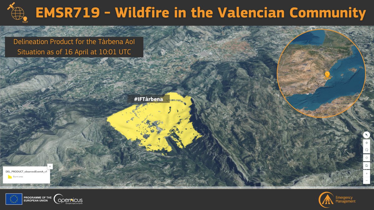 #EMSR719 #IFTàrbena On 14 April a #wildfire🔥 broke out south of #Valencia, in #Spain🇪🇸 Yesterday, our #MappingTeam was activated and has already delivered its 1st Delineation Product in which a burnt area of 559 ha has been detected Updates at👇 rapidmapping.emergency.copernicus.eu/EMSR719/report…