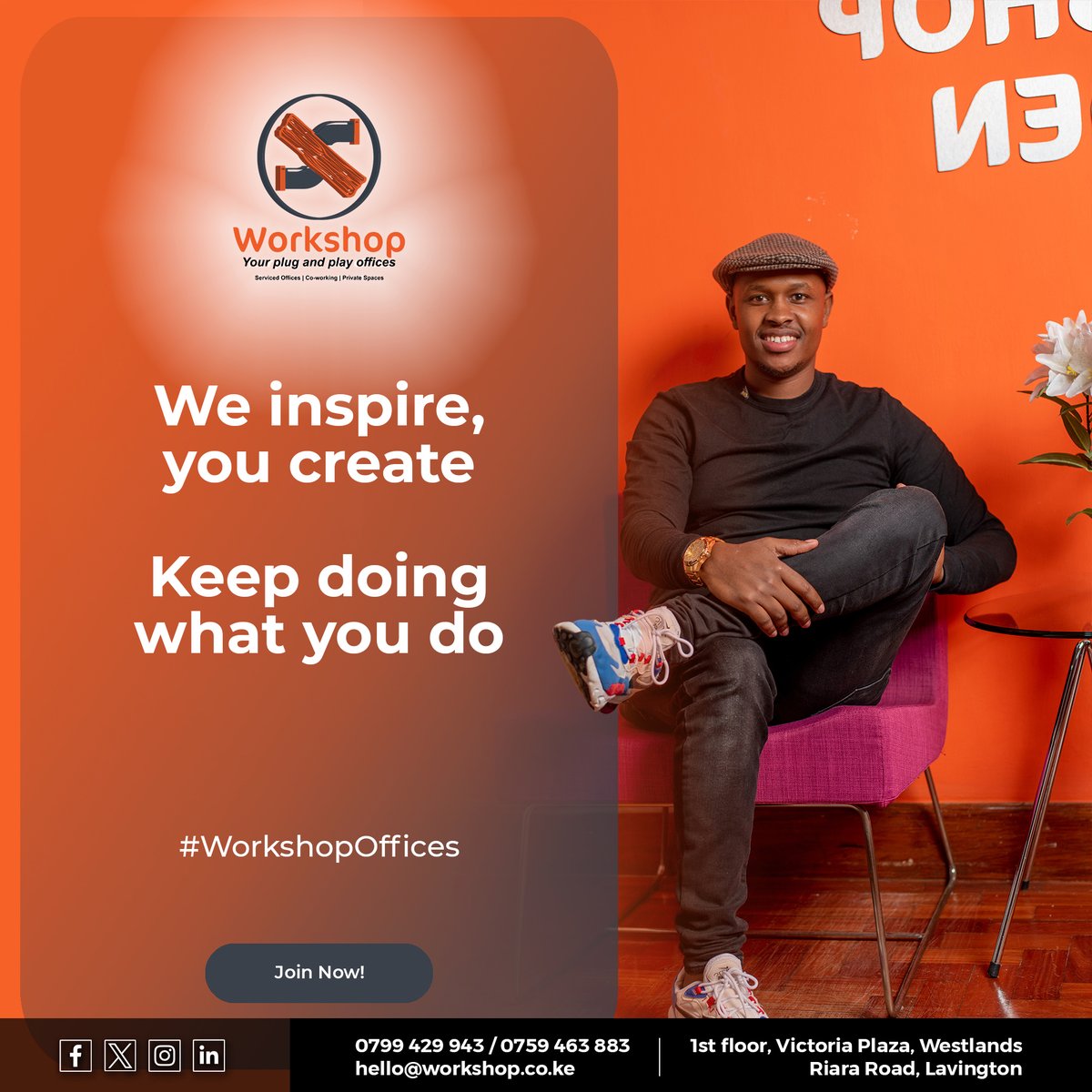 From innovative startups to thriving   businesses, your contributions make our community vibrant and dynamic.

+254 799429943-   Workshop Riara
+254 759 463 883- Workshop Westlands
#CoworkingSpace #OfficeSpace #SharedOffices #MeetingRooms #FurnishedOffice  #VirtualOffice #DayPass