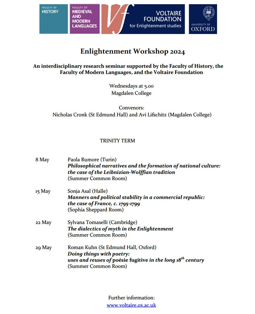 Political manners, philosophical narratives, fugitive poetry and the dialectics of myth: don't miss the fascinating sessions of our #EnlightenmentWorkshop this term! Wednesdays at 5pm @magdalenoxford, starting 8 May.