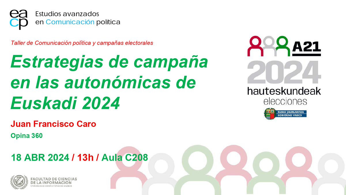 👉Esta semana tenemos nuevo invitado en #ComPol!
🗣️Juan Francisco Caro, de Opina 360, nos hablará de estrategias de campaña en el contexto de las 🗳️#elecciones #Euskadi21A
🗓️mañana, 18 de abril
🕒13h00
📍Aula C208 - Aulario de <a href="/UCMccinf/">Facultad Ciencias Información</a>