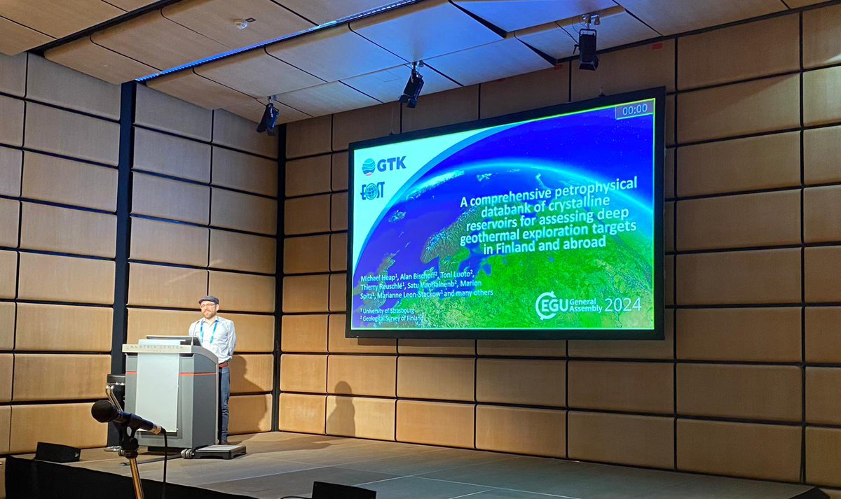 Mike Heap presenting collaborative work on the geothermal potential of fractured/altered granite reservoirs in Finland 🇫🇮 <a href="/GTK_FI/">GTK</a> @ItiGeot <a href="/ecole_terre/">Ecole et Observatoire des Sciences de la Terre</a> #EGU24