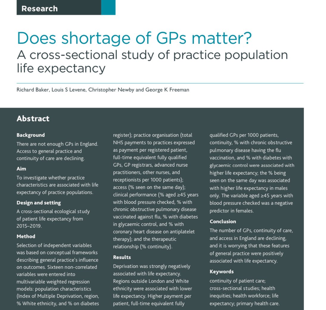 “Does shortage of GPs matter?” Via @BJGPjournal Summary? It does when it comes to life expectancy In the same world? @NHSE_WTE replacing GPs with PAs Aided by? GP colleagues in senior leadership roles Ignoring science, governed by hubris Stop this bjgp.org/content/early/…