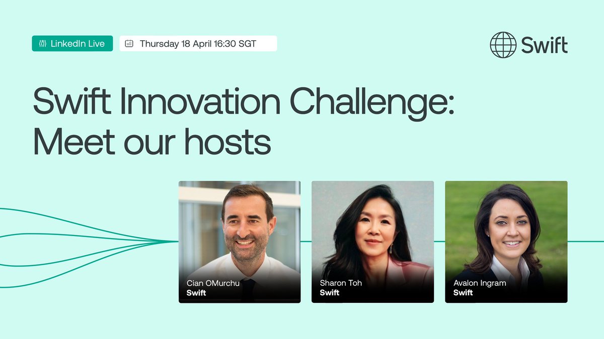 🚨 Last chance to register for tomorrow’s LinkedIn Live event 'Swift Innovation Challenge: Meet the winners'. Join our hosts Cian OMurchu, Sharon Toh and Avalon Ingram as they welcome our winners and delve into the details of their AI solutions for global transaction efficiency.…