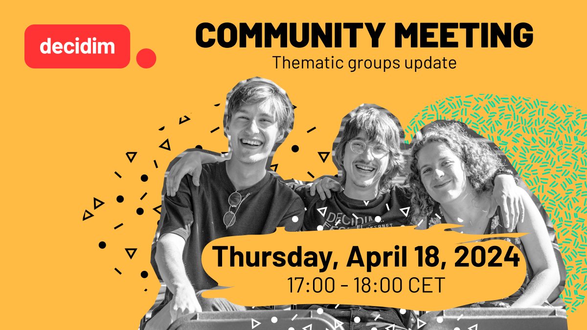 📣 Mark your calendar for the next #CommunityMeeting! An open space for presenting ideas, sharing updates, and creating together. Newbies, seasoned members, we need your insights! 🚀 🗓️ April 18, 17:00-18:00 CET 🔗 Register here: meta.decidim.org/assemblies/eix…