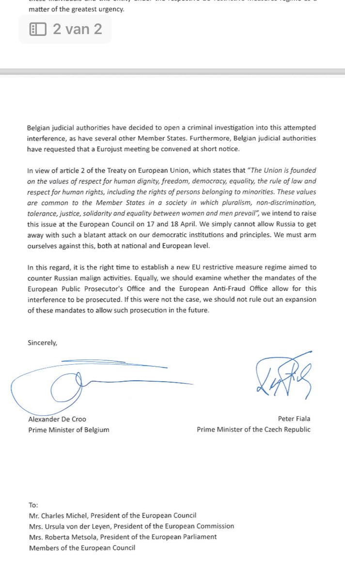 Brief van Alexander De Croo en Tsjechisch premier Peter Fiala aan hun Europese collega’s over 🇷🇺 beïnvloedingsoperaties in Europa naar aanloop van EU-top.